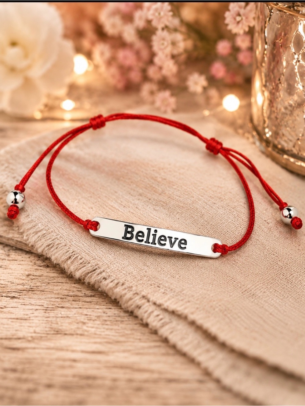 Believe Silver Bar Bracelet with Red Cord